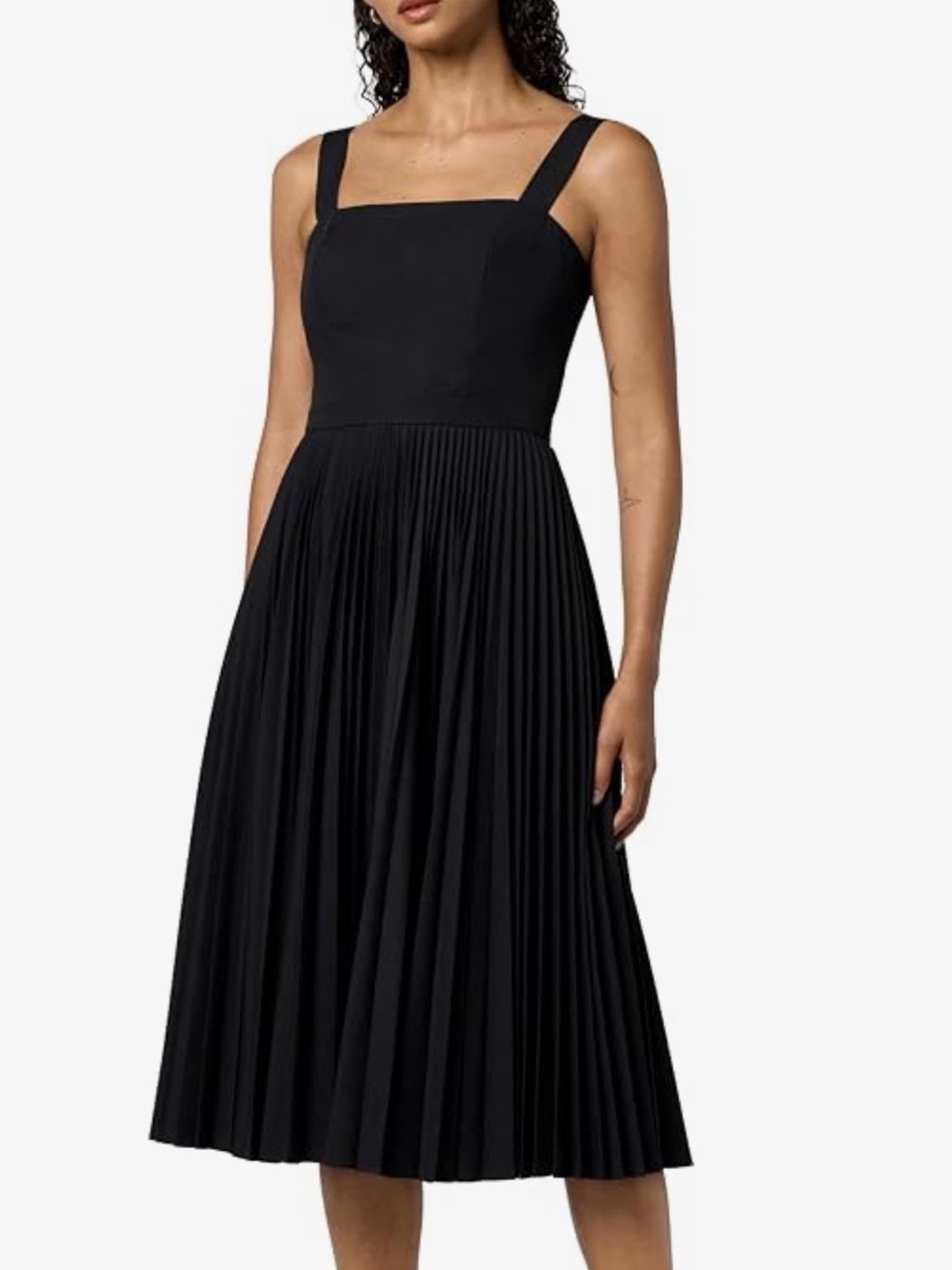 Theory Black Pleated Square-Neck Midi Dress